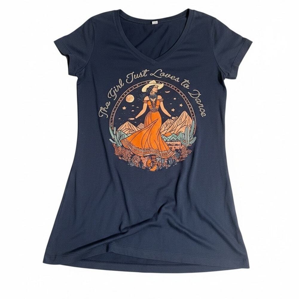 Next Level Apparel "The Girl Just Loves to Dance" Short Sleeve Navy T shirt Med.